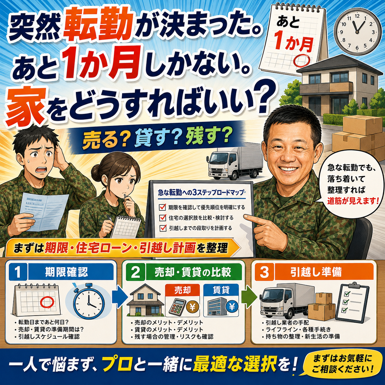 ⑤ 突然転勤が決まった。あと1か月しかない。家をどうすればいい？
