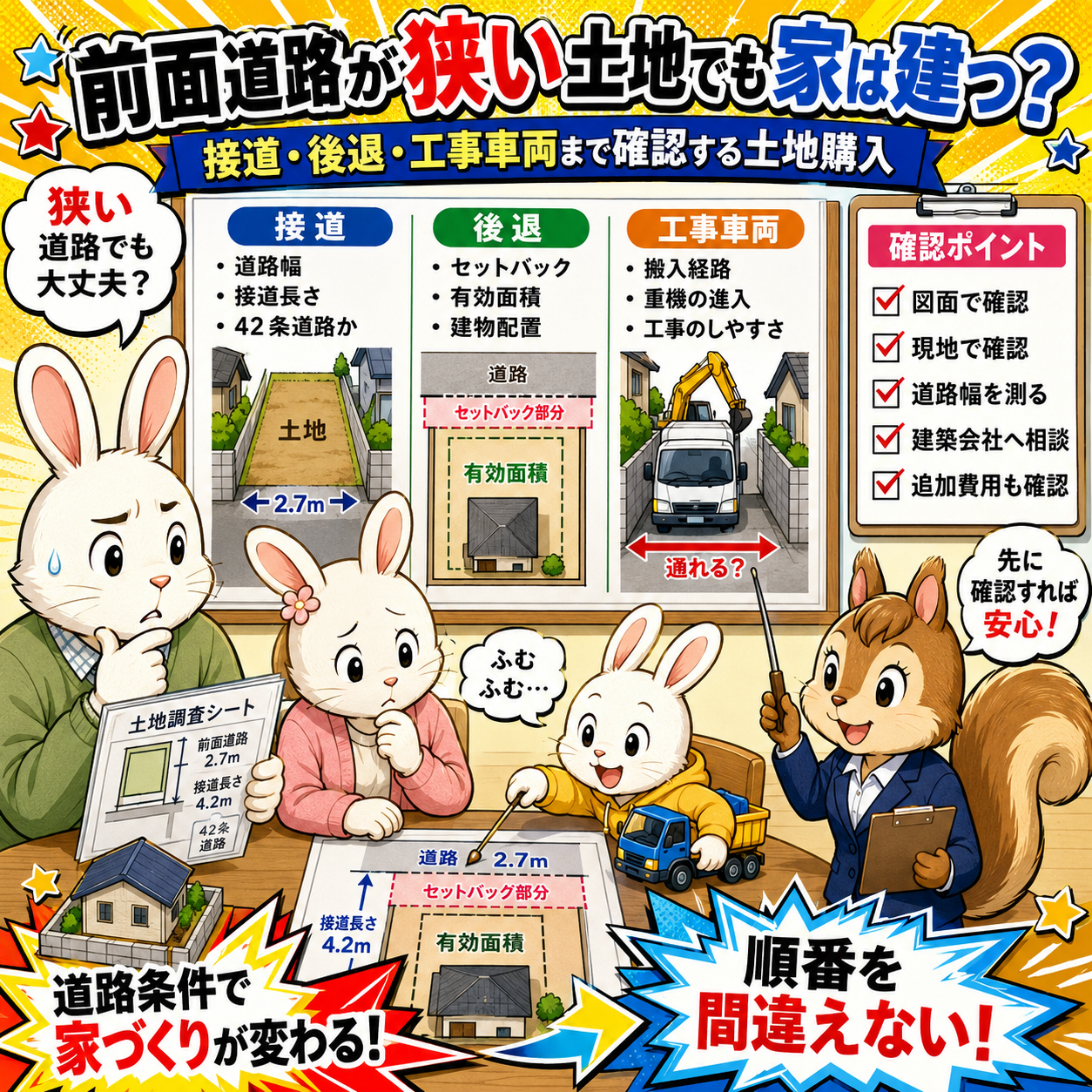⑥ 前面道路が狭い土地でも家は建つ？｜接道・後退・工事車両まで確認する土地購入
