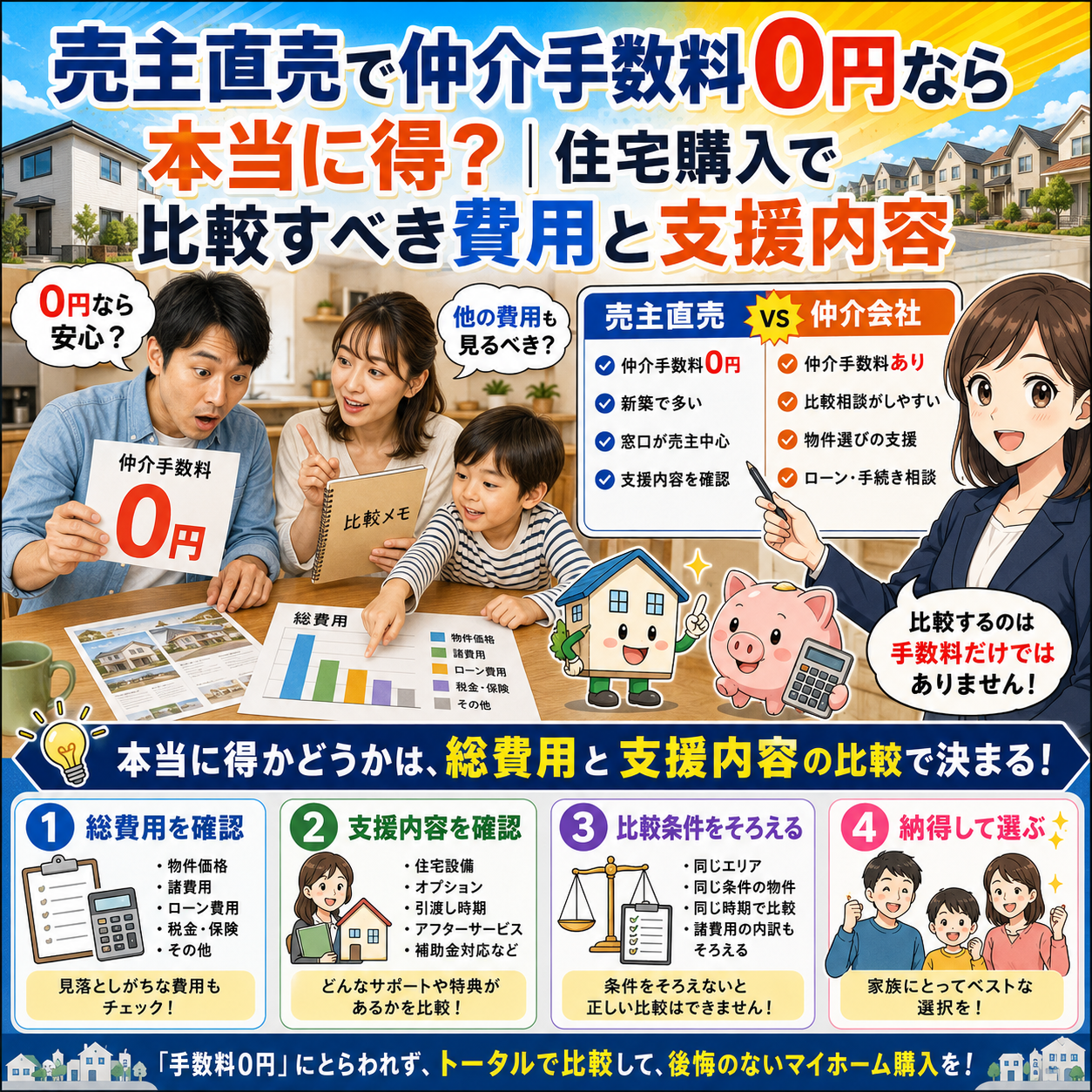 ④ 売主直売で仲介手数料0円なら本当に得？｜住宅購入で比較すべき費用と支援内容