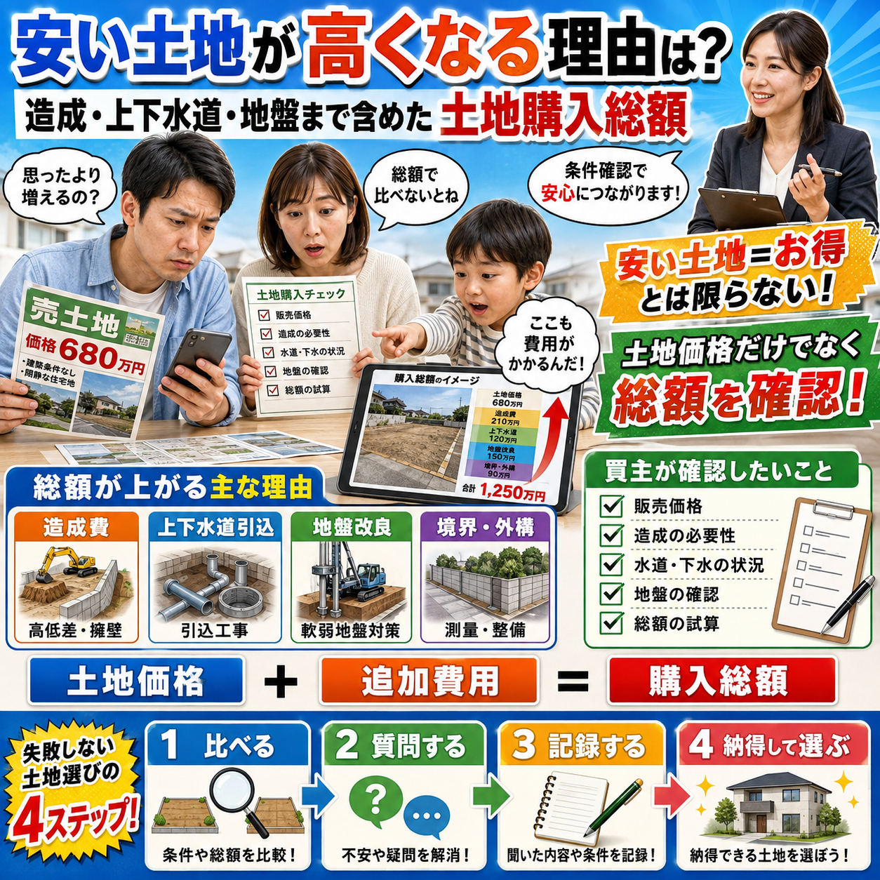 ⑥ 安い土地が高くなる理由は？｜造成・上下水道・地盤まで含めた土地購入総額