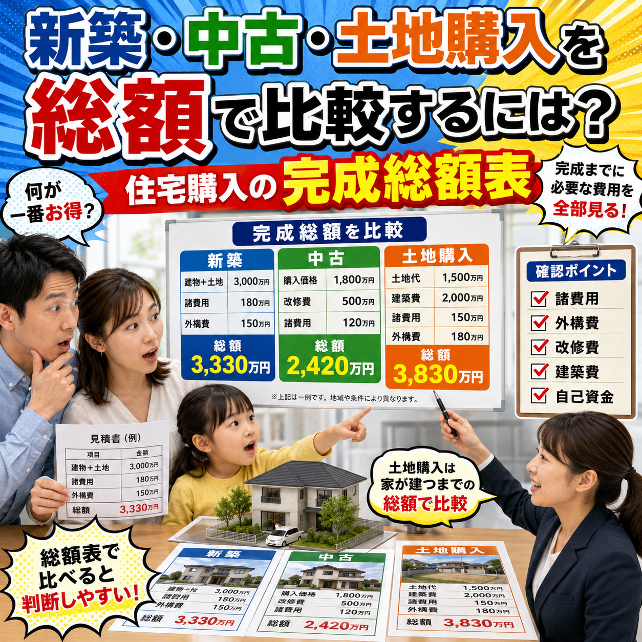 ⑩ 新築・中古・土地購入を総額で比較するには？｜住宅購入の完成総額表